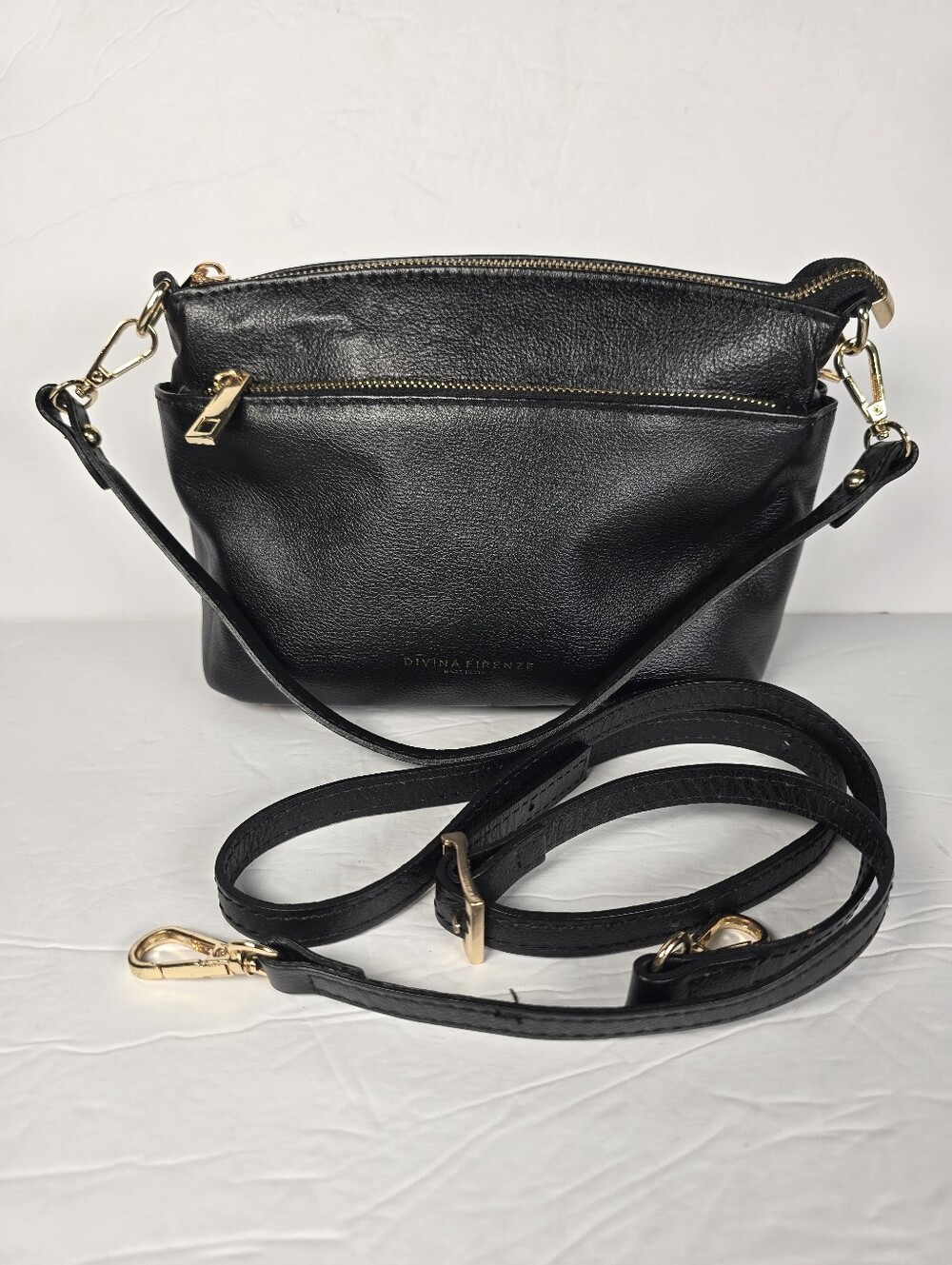 Divina Firenze Italy Lilla Black Pebbled Leather Crossbody Shoulder Bag